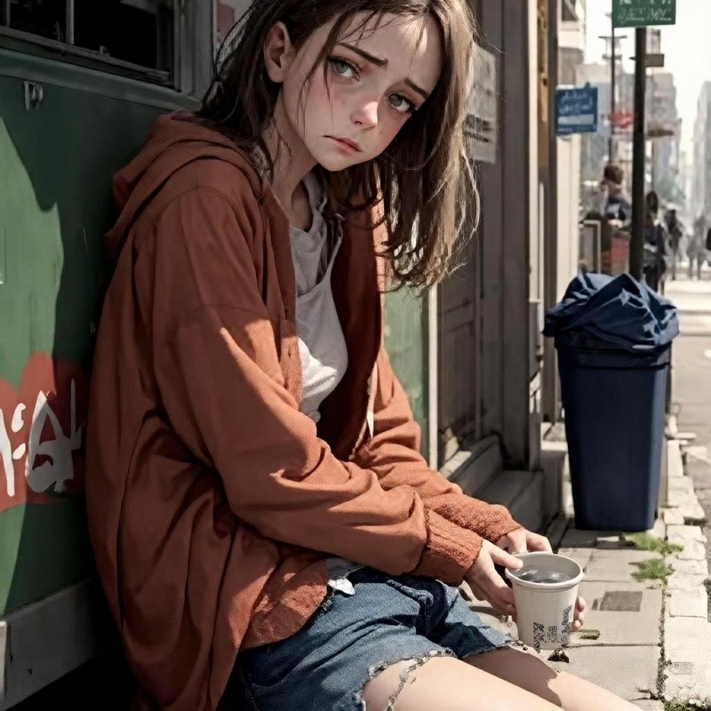 Sad homeless girl